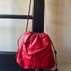 Lovely Vintage 80’s 90’s Red Leather Drawstring Shoulder Handbag